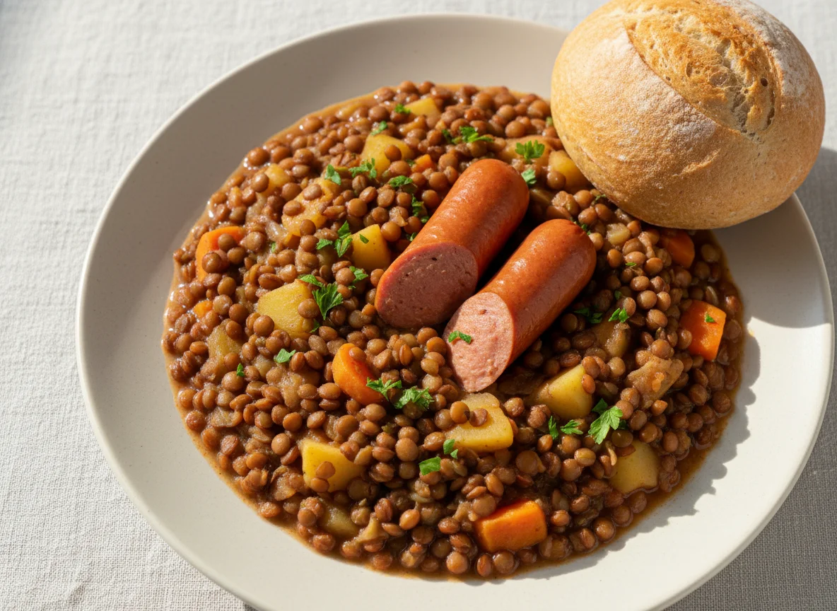 Linseneintopf mit Wiener Würstchen und Brötchen photo