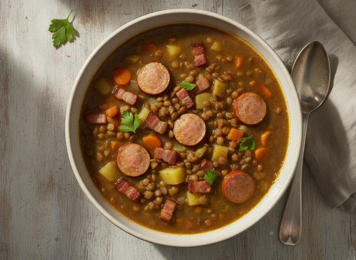 Linseneintopf mit Wiener Würstchen und Speck photo
