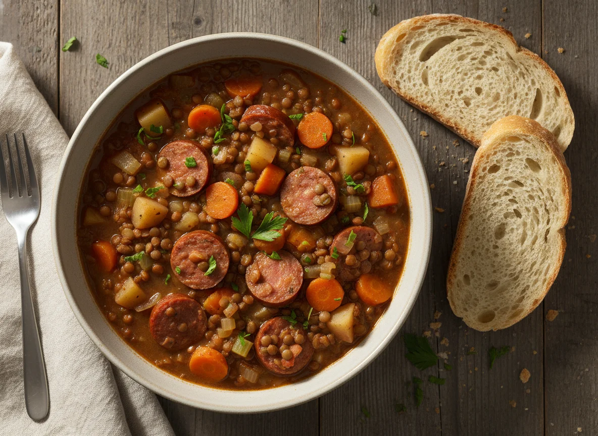 Linseneintopf mit Wurst und Brot photo