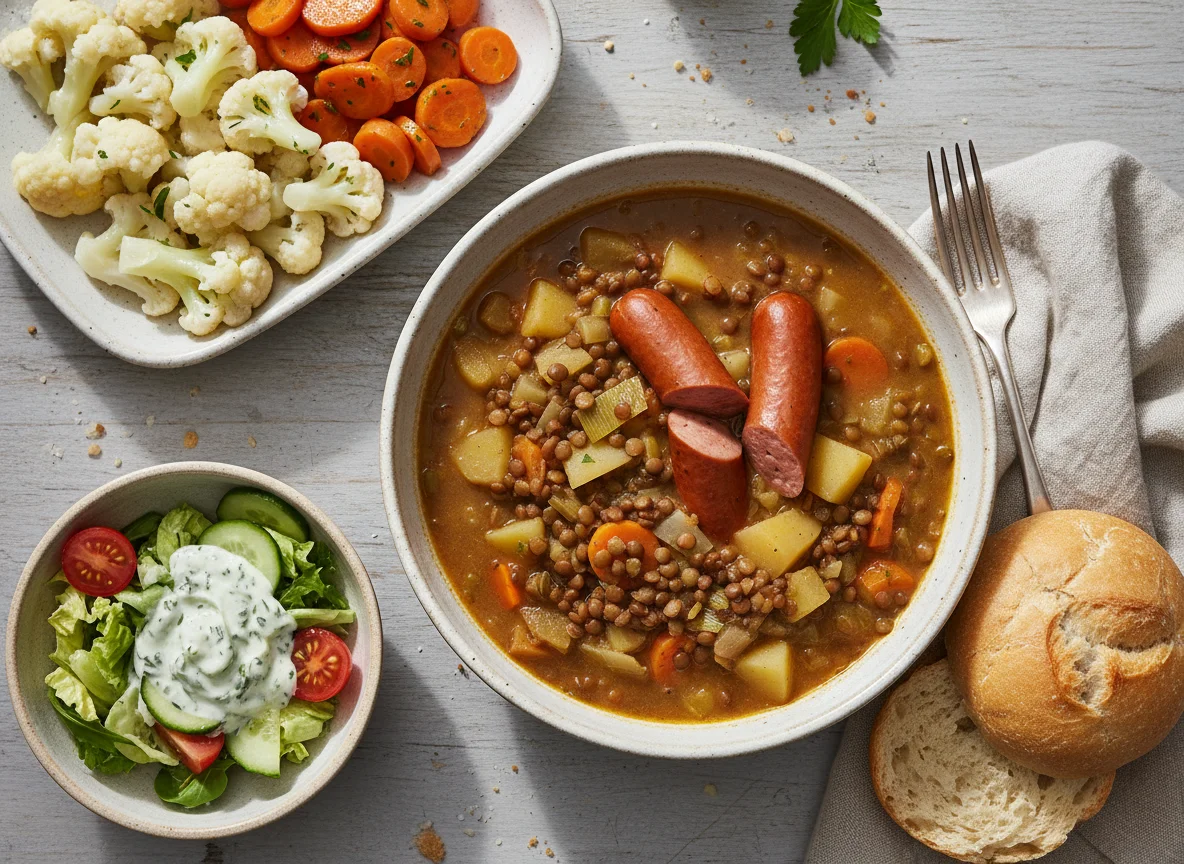 Linseneintopf mit Würstchen, Gemüsebeilage, Brötchen und Salat photo