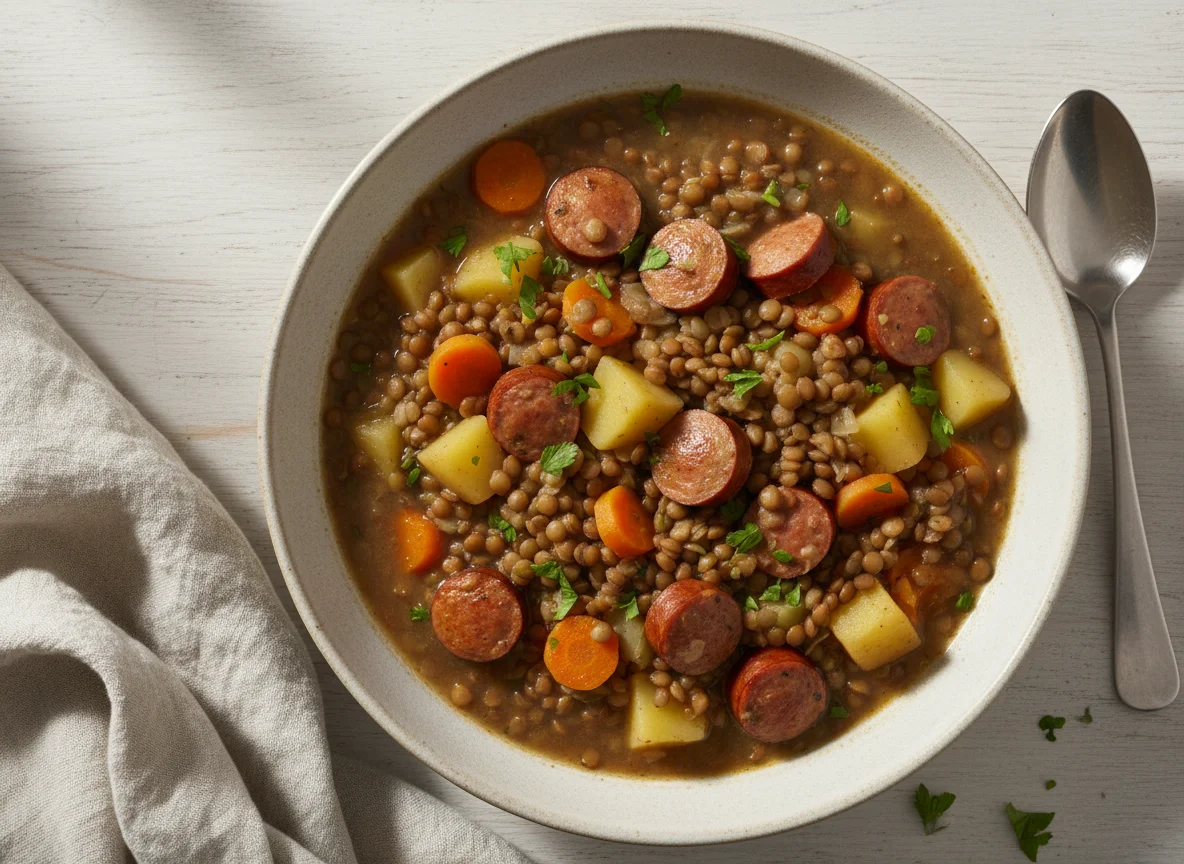 Linseneintopf mit Würstchen photo