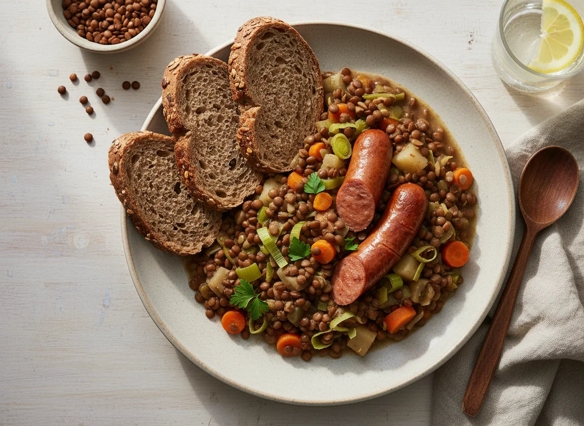 Linseneintopf mit Würstchen und Brot photo