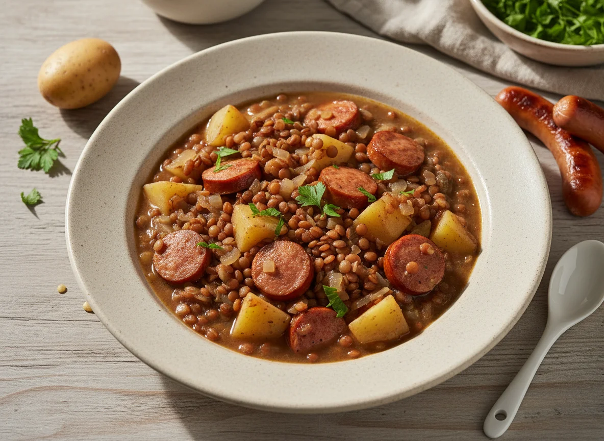 Linseneintopf mit Würstchen und Kartoffeln photo