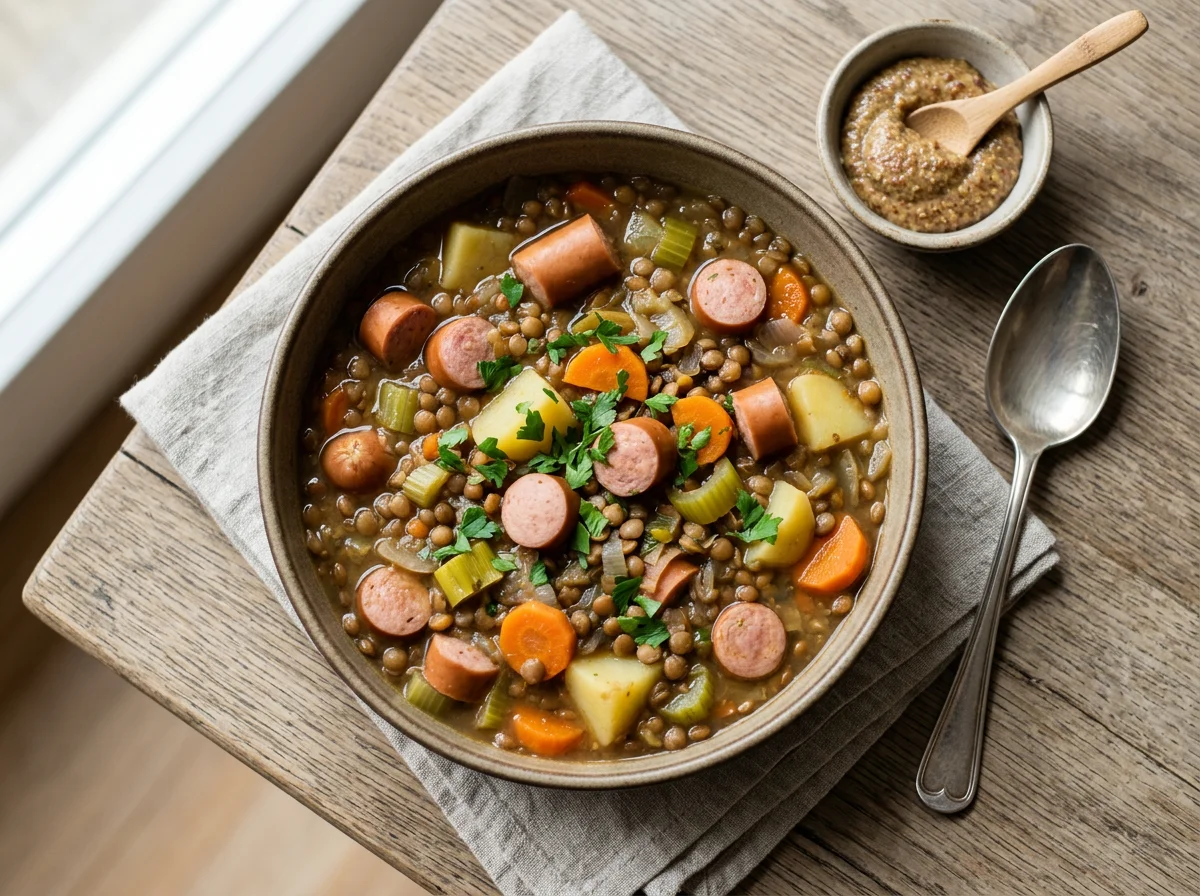 Linseneintopf mit Würstchen und Senf photo