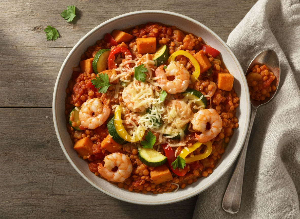 Linseneintopf mit Zucchini, Paprika, Süßkartoffeln und Shrimps photo