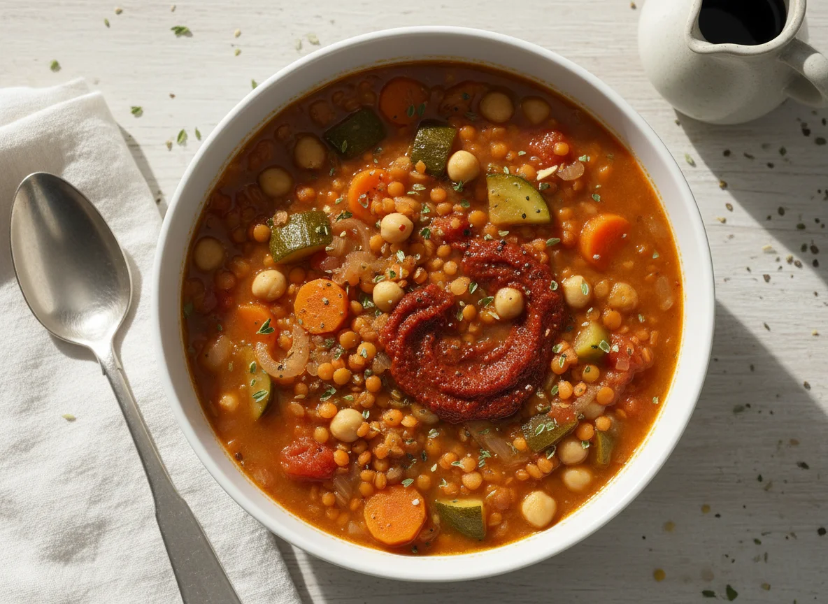Linseneintopf mit Zucchini und Kichererbsen photo