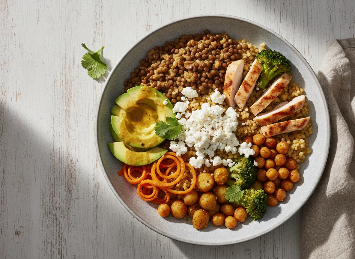Linsen-Gemüse-Bowl mit Hüttenkäse und Bulgur photo