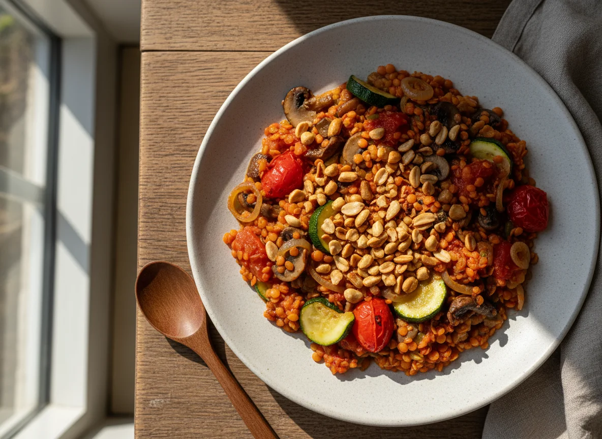 Linsen-Gemüse-Pfanne mit Erdnüssen photo