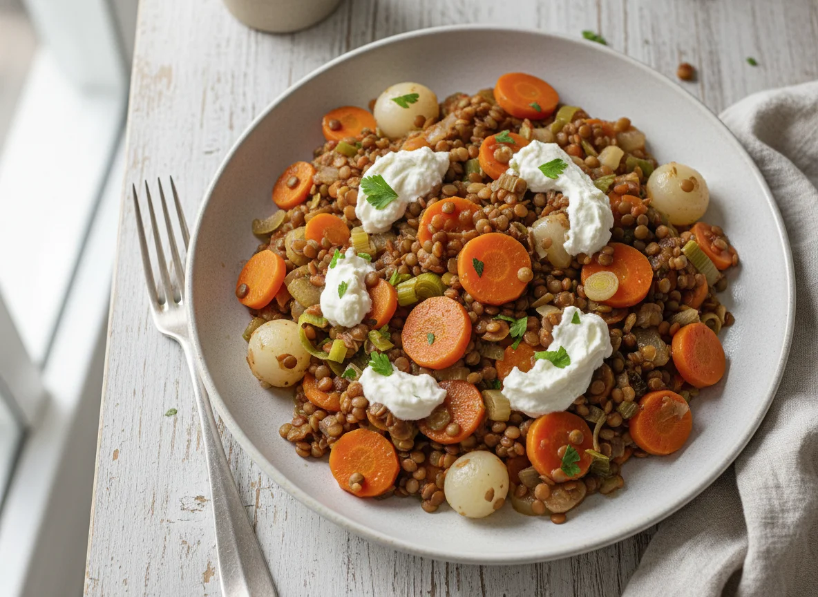 Linsen-Gemüse-Pfanne mit Frischkäse photo