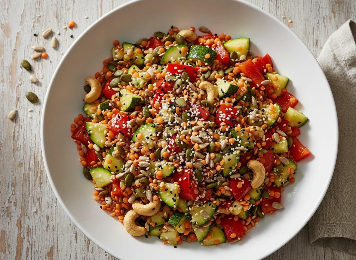 Linsen-Gemüse-Salat mit Kernen und Nüssen photo