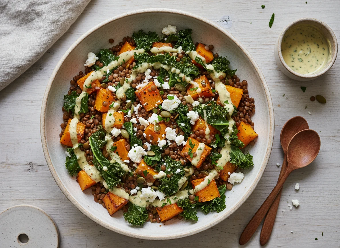Linsen-Kürbis-Bowl mit Federkohl und Feta photo