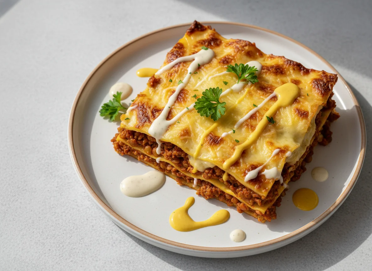 Linsen-Lasagne mit veganem Hack und Saucen photo