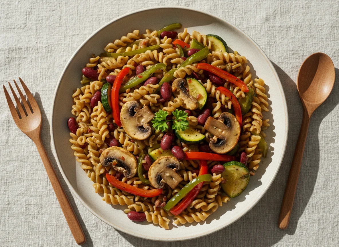 Linsenpasta mit Gemüse und Pilzen photo