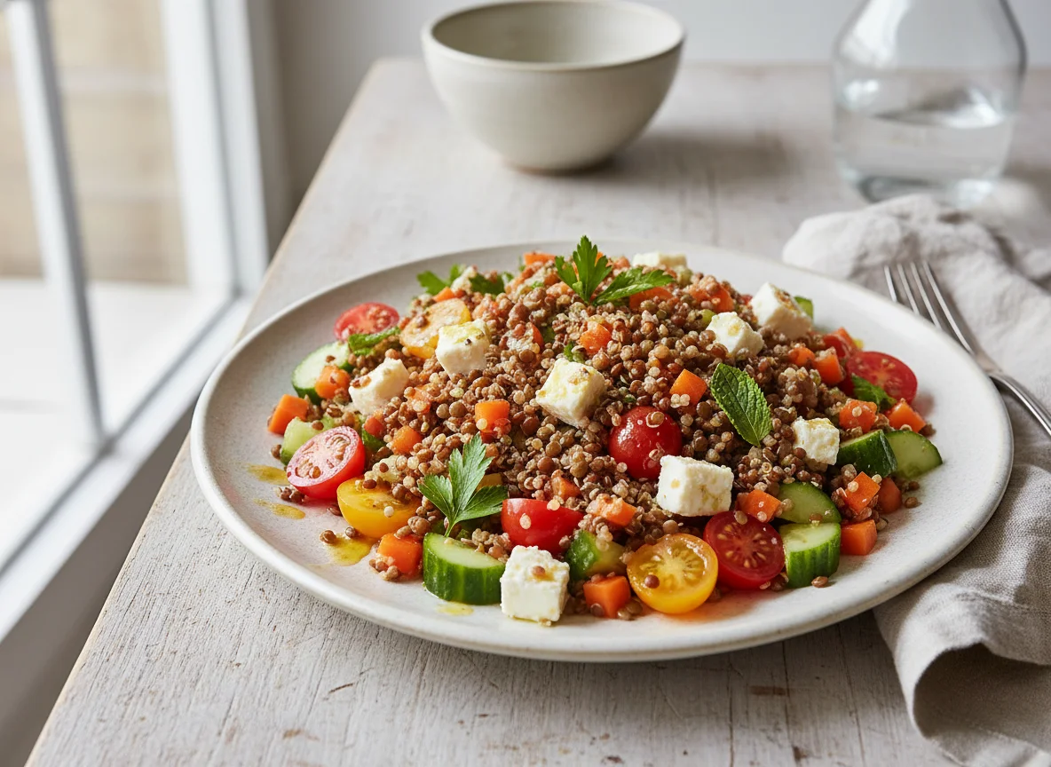 Linsen-Quinoa-Salat mit Gemüse und Feta photo