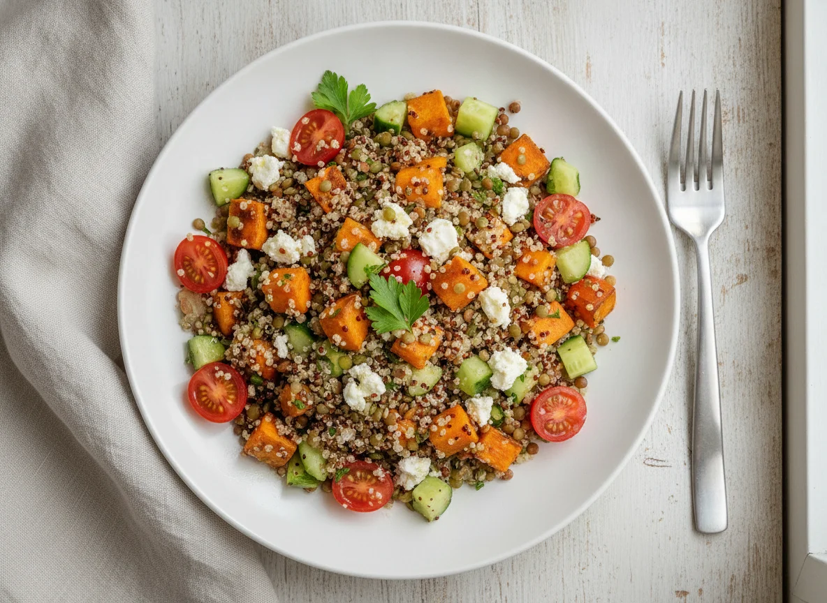 Linsen-Quinoa-Salat mit Süßkartoffel und Feta photo