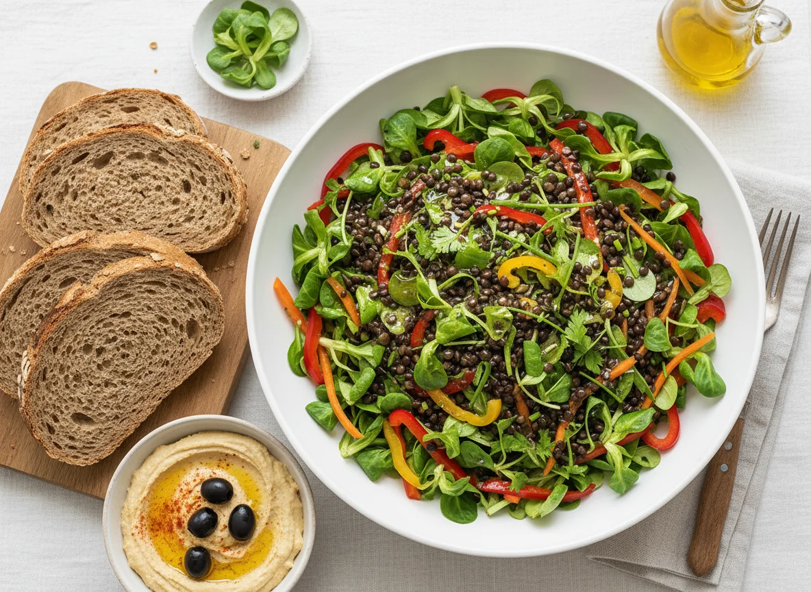 Linsensalat mit Brot und Hummus photo