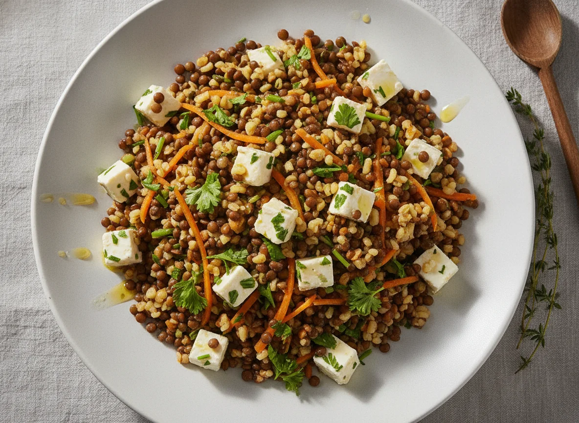 Linsensalat mit Bulgur und Käse photo