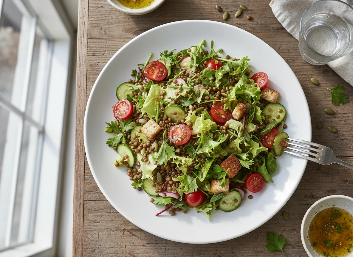 Linsensalat mit Gemüse und Dressing photo