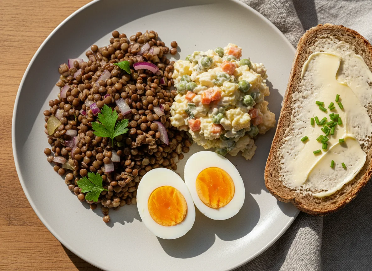 Linsensalat mit hartgekochten Eiern, Mayonnaisesalat und Butterbrot photo