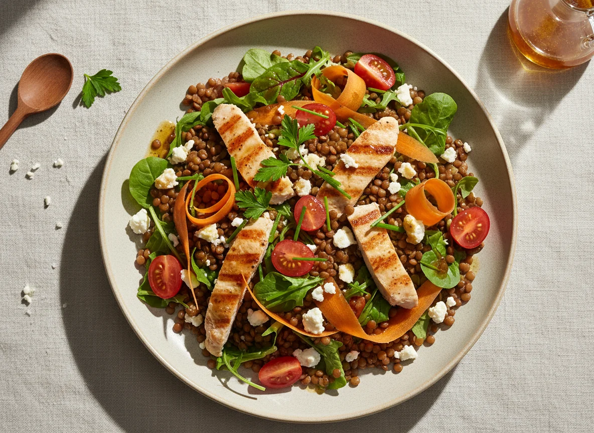 Linsensalat mit Huhn und Gemüse photo