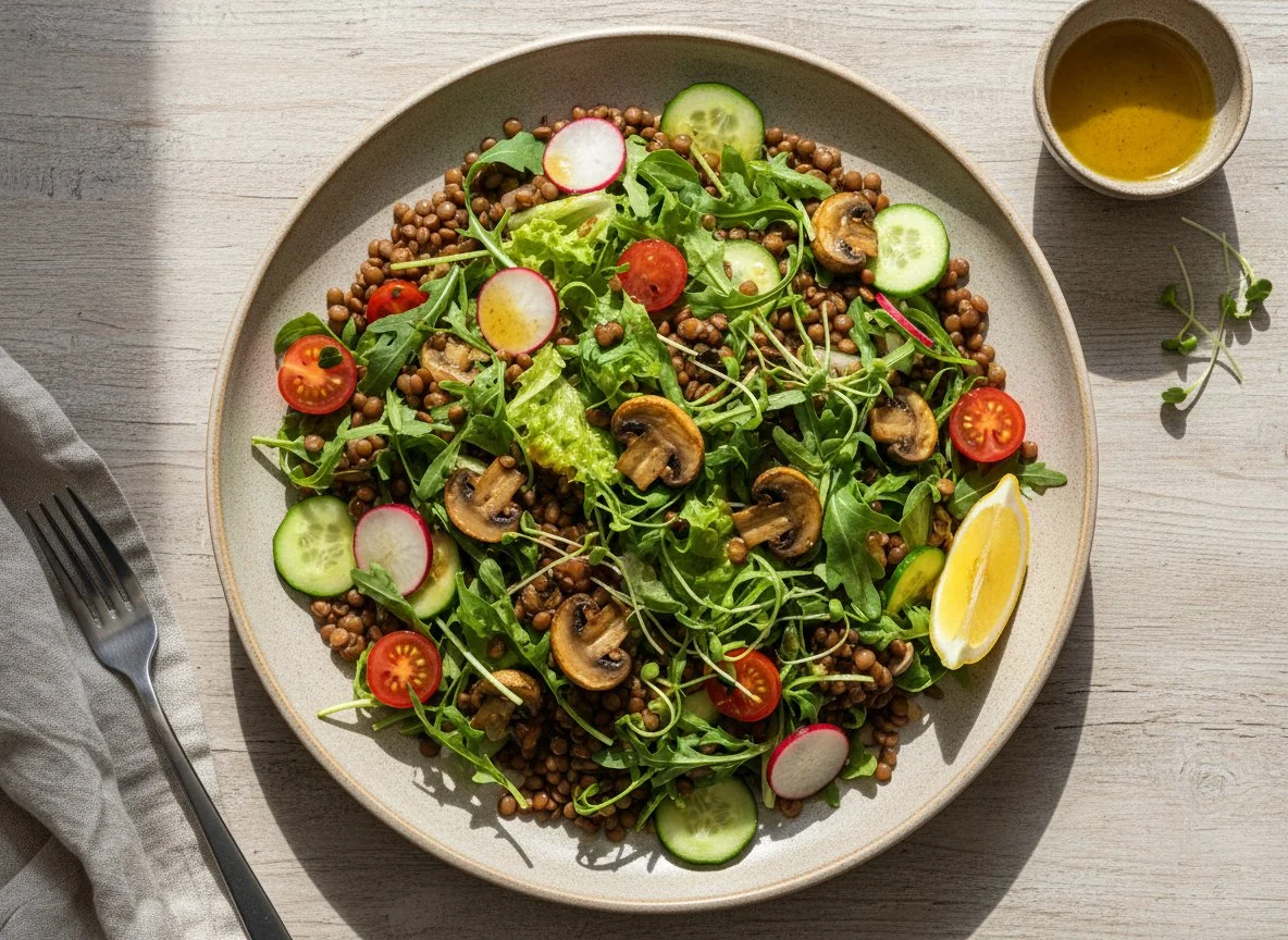 Linsensalat mit Pilzen und frischem Gemüse photo
