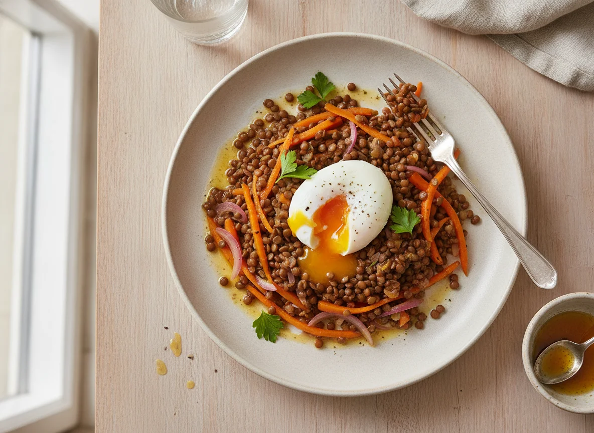 Linsensalat mit pochiertem Ei photo