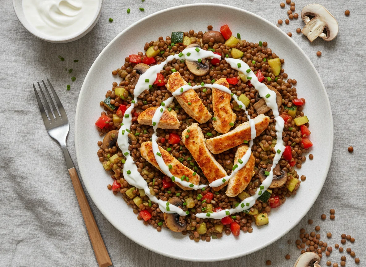 Linsensalat mit Skyr Joghurt Soße, Hähnchen, Pilzen und Zucchini photo