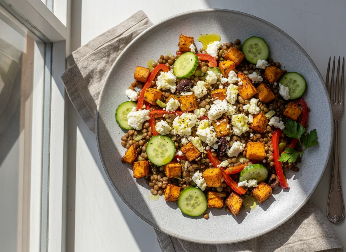 Linsensalat mit Süßkartoffel und Feta photo