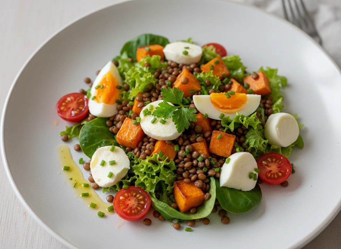 Linsensalat mit Süßkartoffel und Mozzarella photo