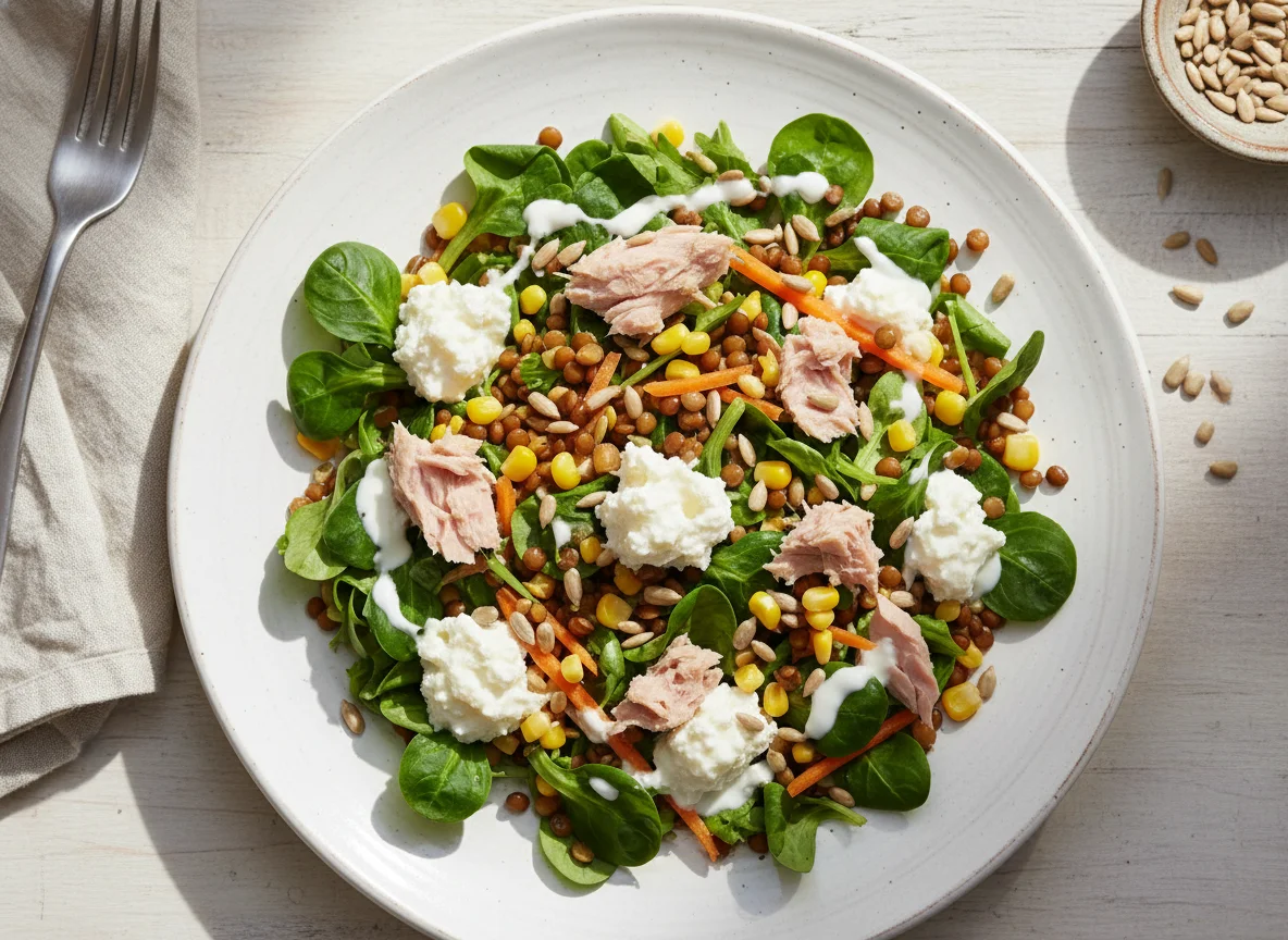 Linsensalat mit Thunfisch, Hüttenkäse und Nüssen photo