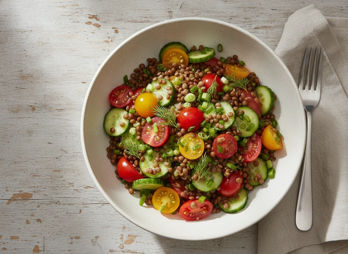 Linsensalat mit Tomaten und Gurken photo