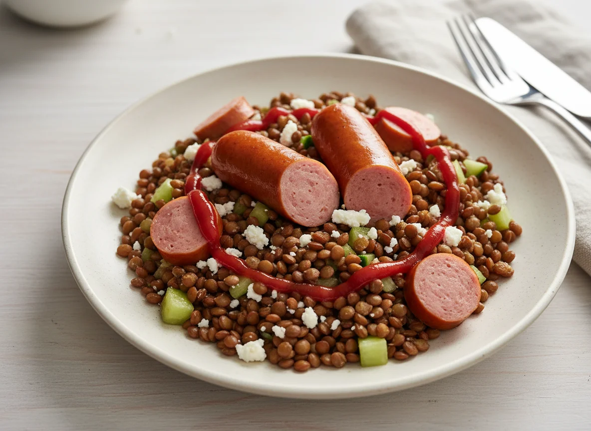 Linsensalat mit Würstchen und Ketchup photo