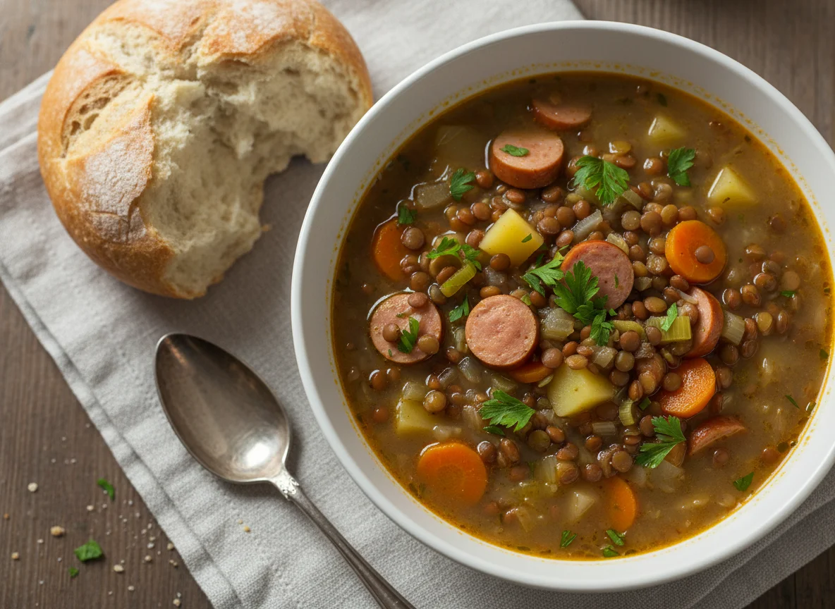 Linsensuppe mit Brötchen photo