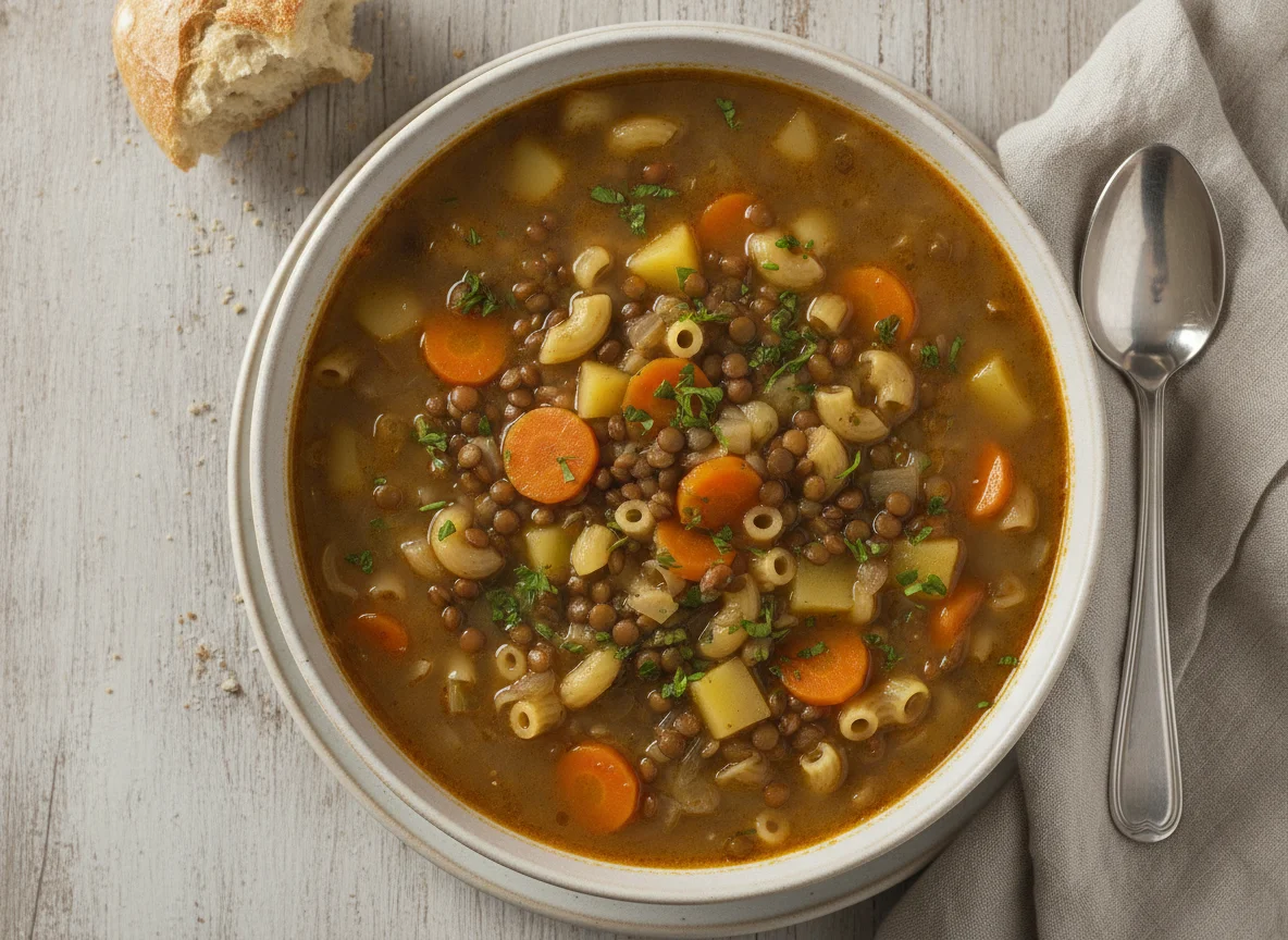 Linsensuppe mit Gemüse und Nudeln photo