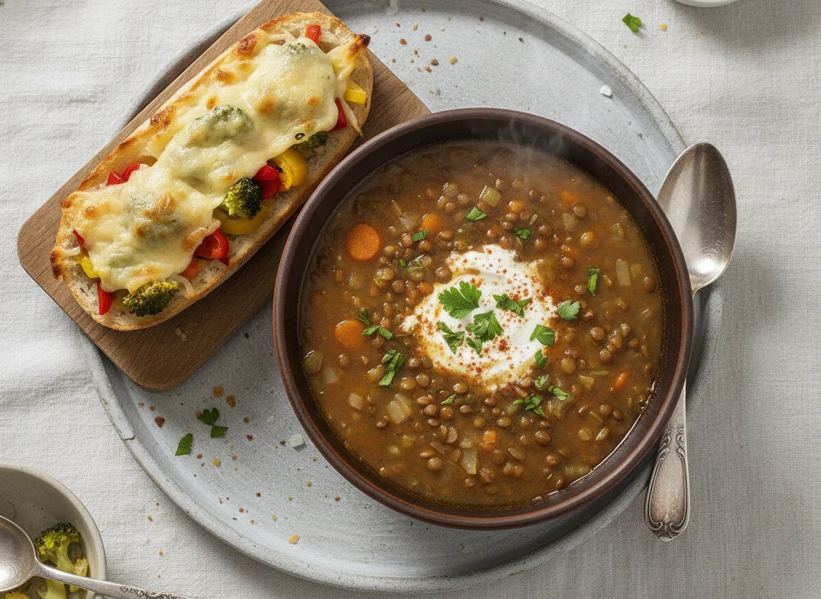 Linsensuppe mit Gemüse-Baguette photo