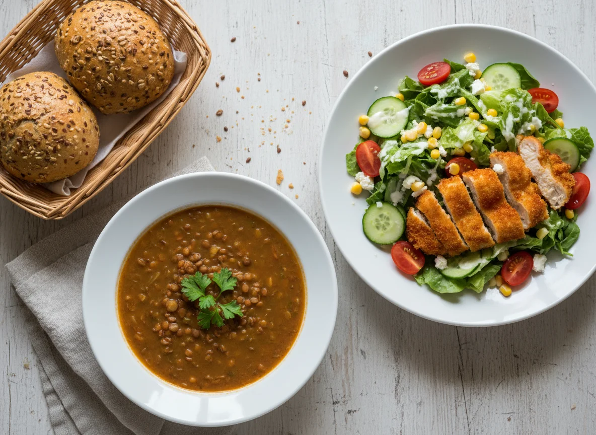 Linsensuppe mit Salat und Brötchen photo