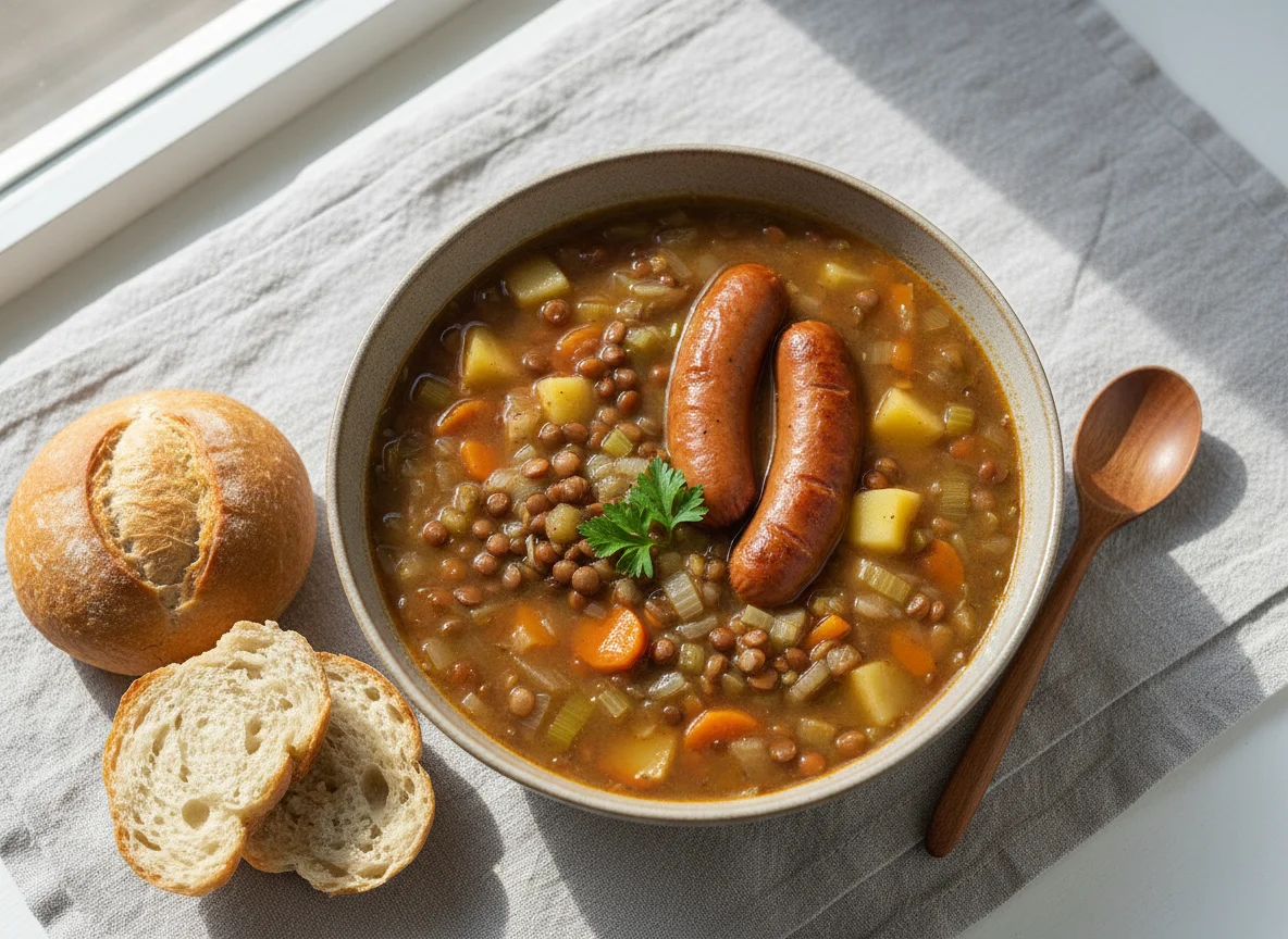 Linsensuppe mit Würstchen und Brötchen photo