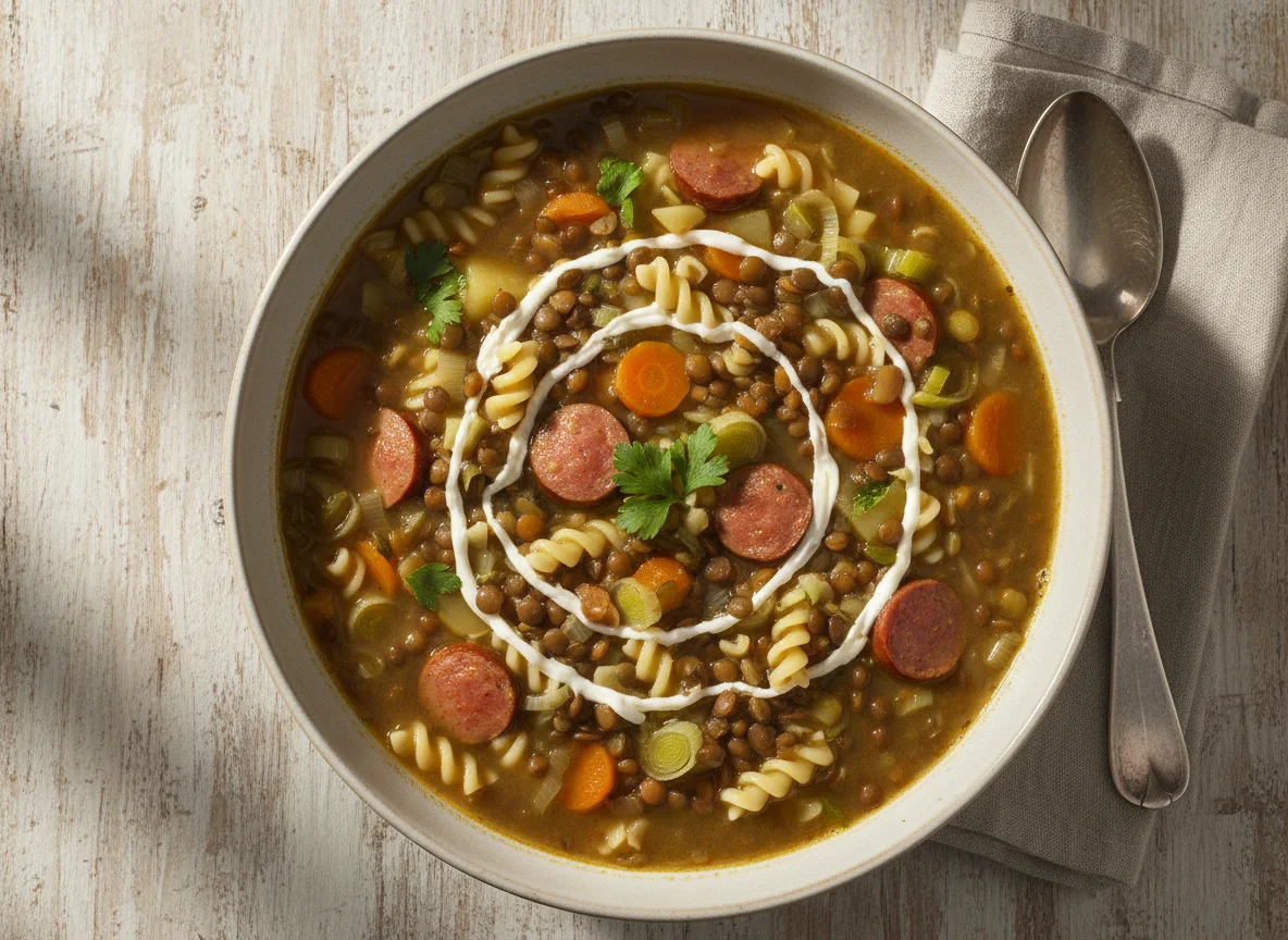 Linsensuppe mit Würstchen und Nudeln photo