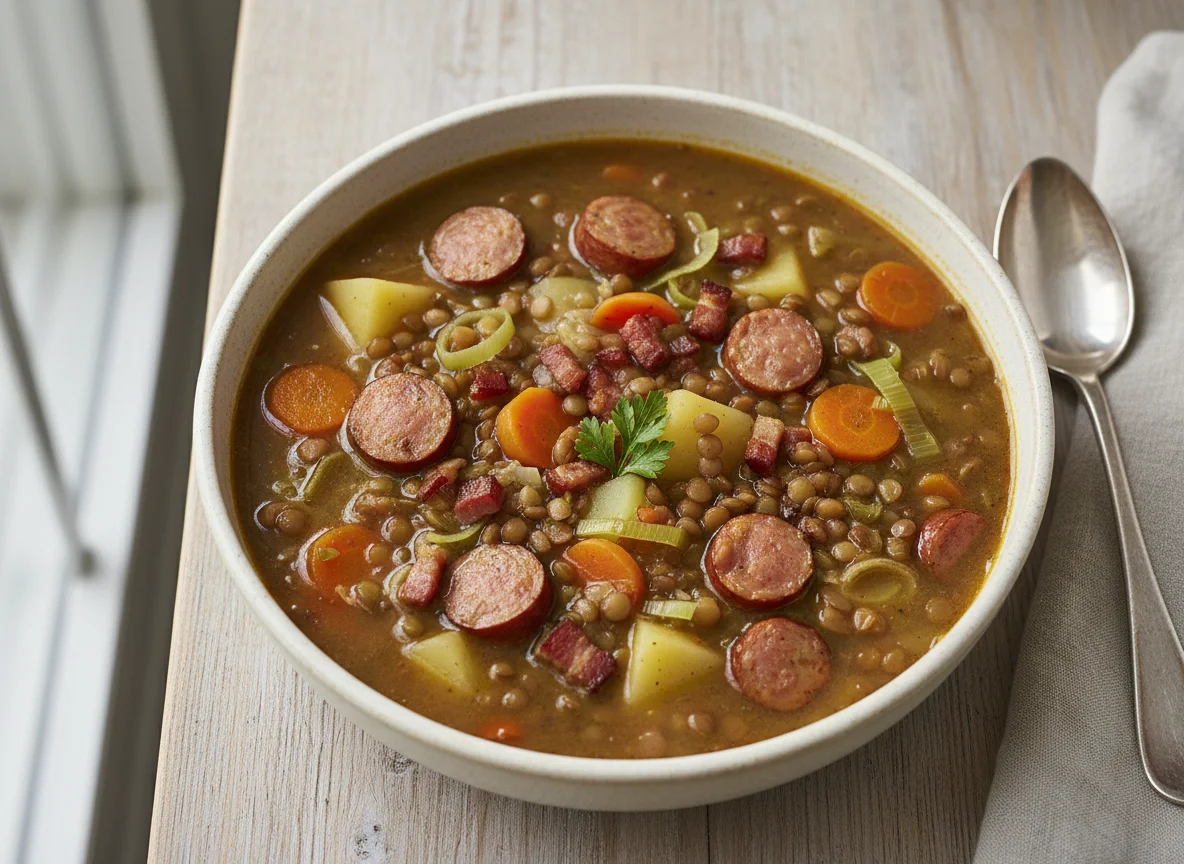 Linsensuppe mit Würstchen und Speck photo