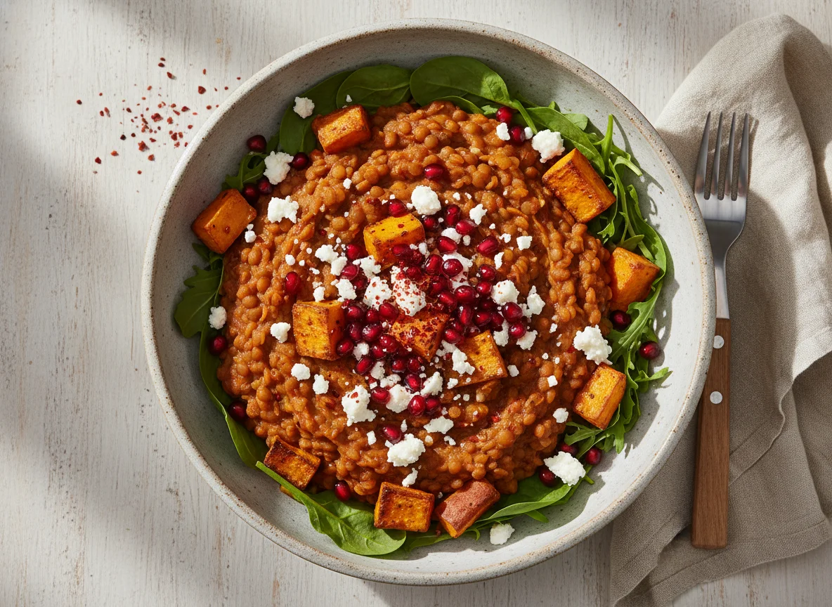 Linsen-Süßkartoffel-Bowl mit Feta und Granatapfel photo