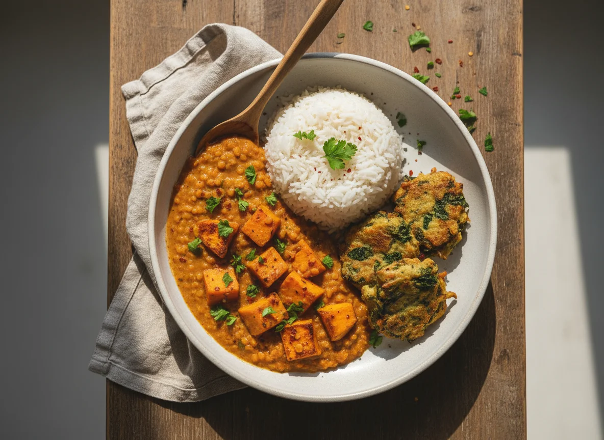 Linsen-Süßkartoffel-Curry mit Reis und Pakora photo