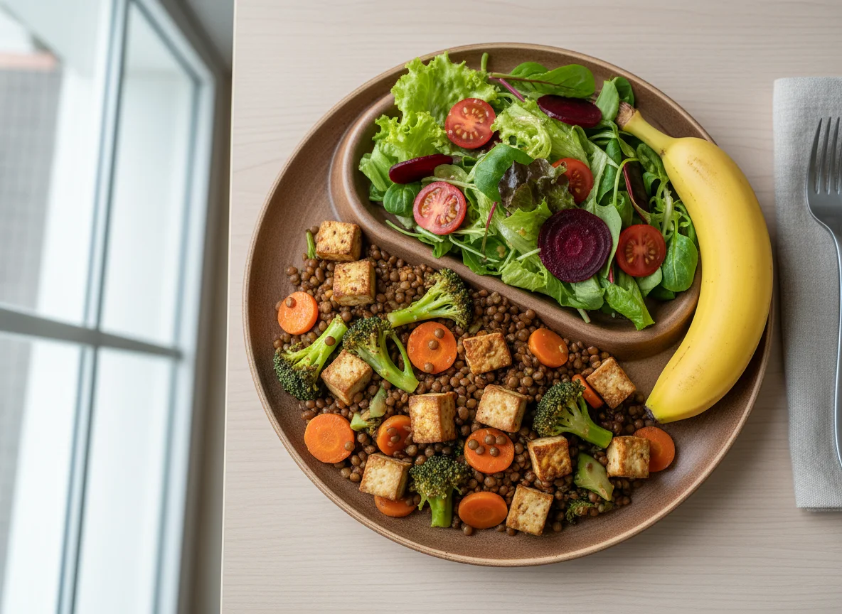 Linsen-Tofu-Pfanne mit Salat und Banane photo