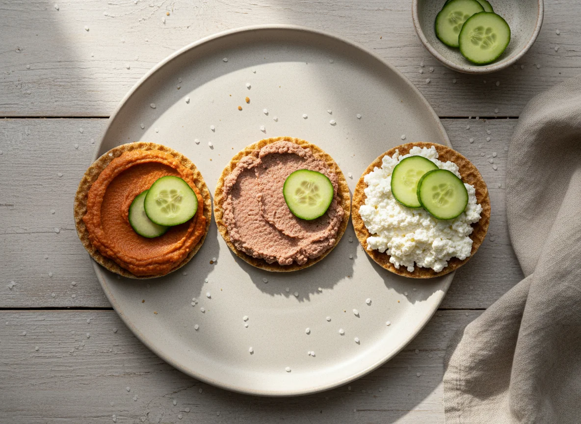 Linsenwaffeln mit verschiedenen Aufstrichen und Gurke photo