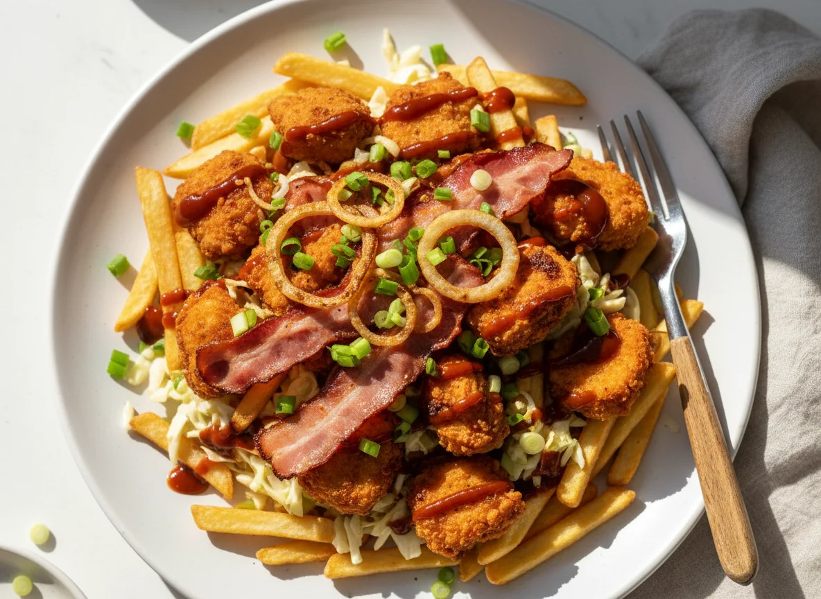 Loaded Fries mit Hähnchen und Speck photo