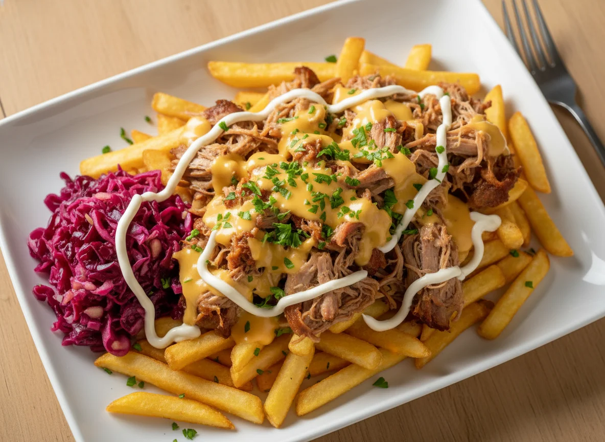 Loaded Fries mit Pulled Pork und Rotkohl photo