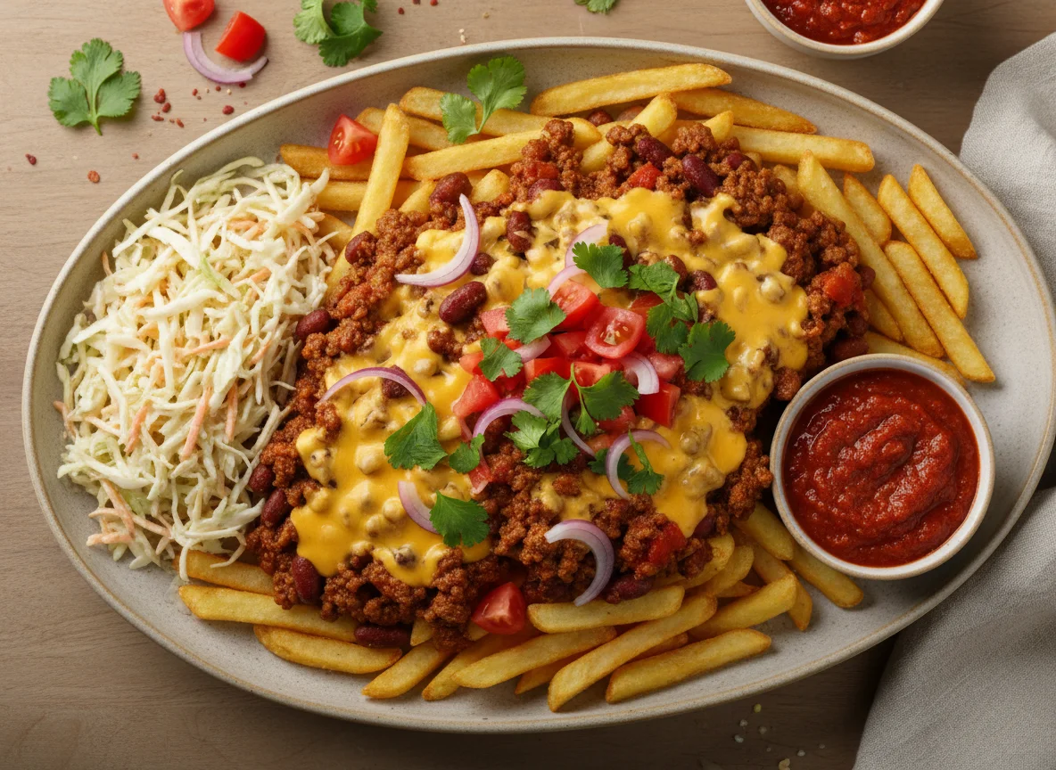 Loaded Pommes Frites mit Chili und Käsesauce photo