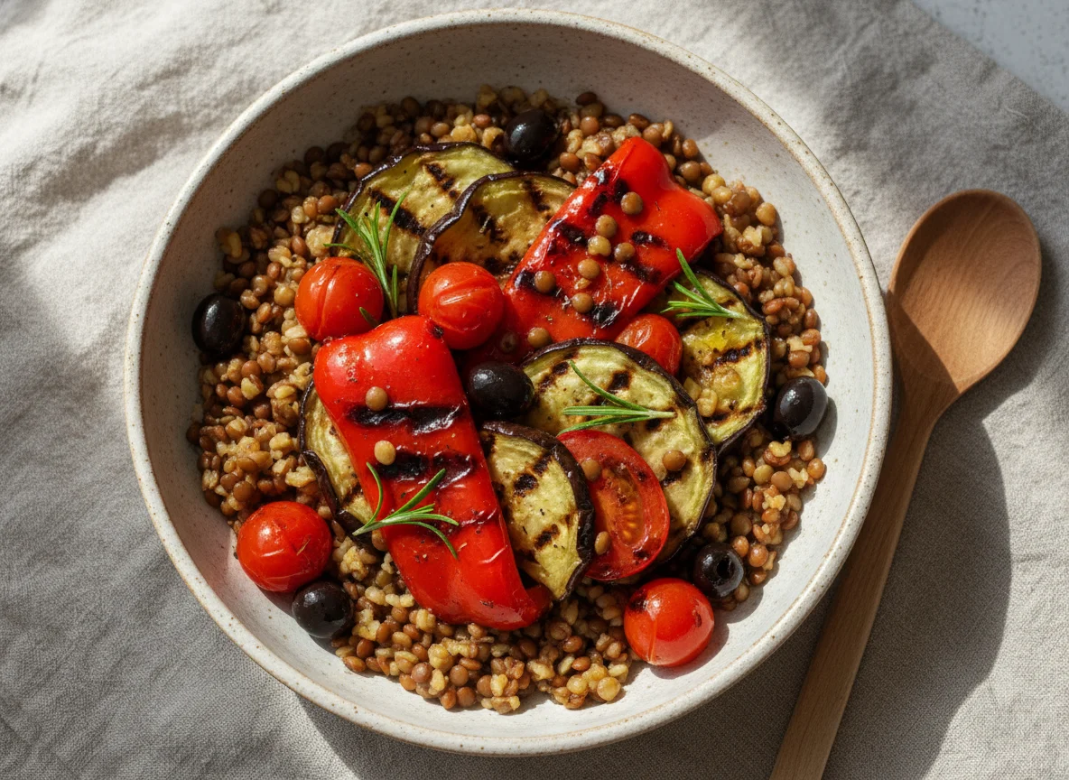 Lunch Bowl mit Bulgur, Linsen und gegrilltem Gemüse photo