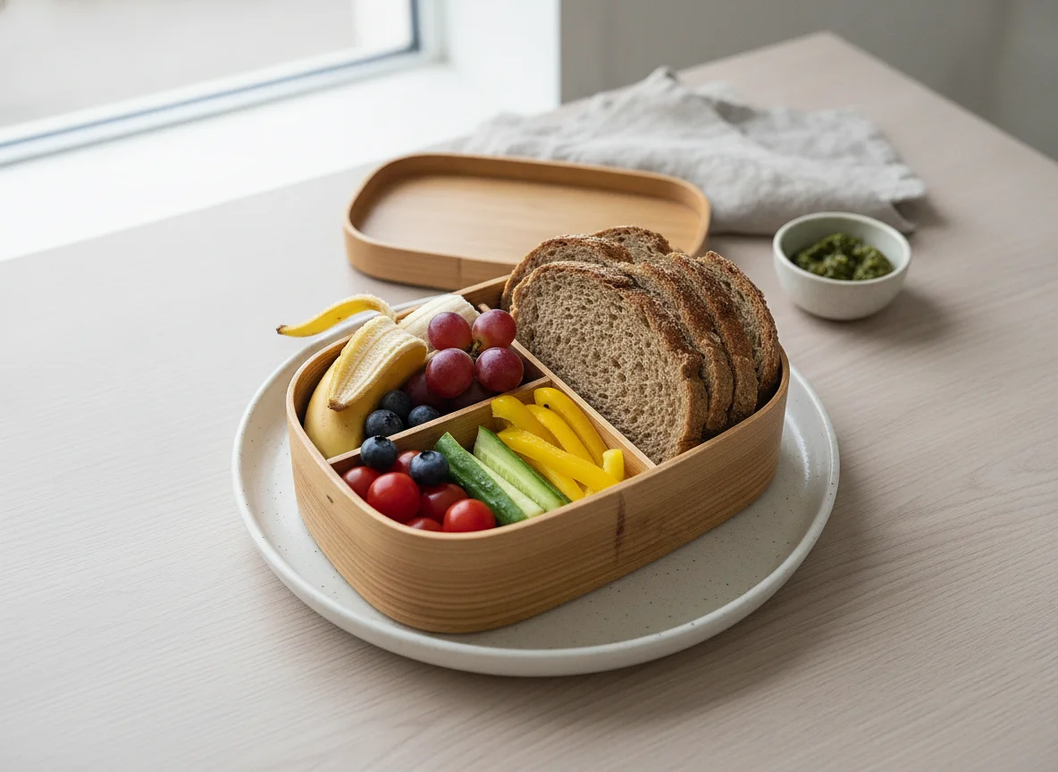 Lunchbox mit Brot, Obst und Gemüse photo