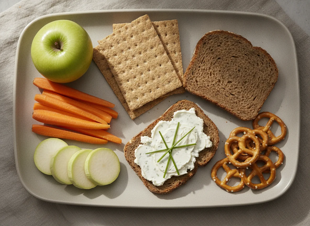 Lunchbox mit Brot, Obst und Snacks photo