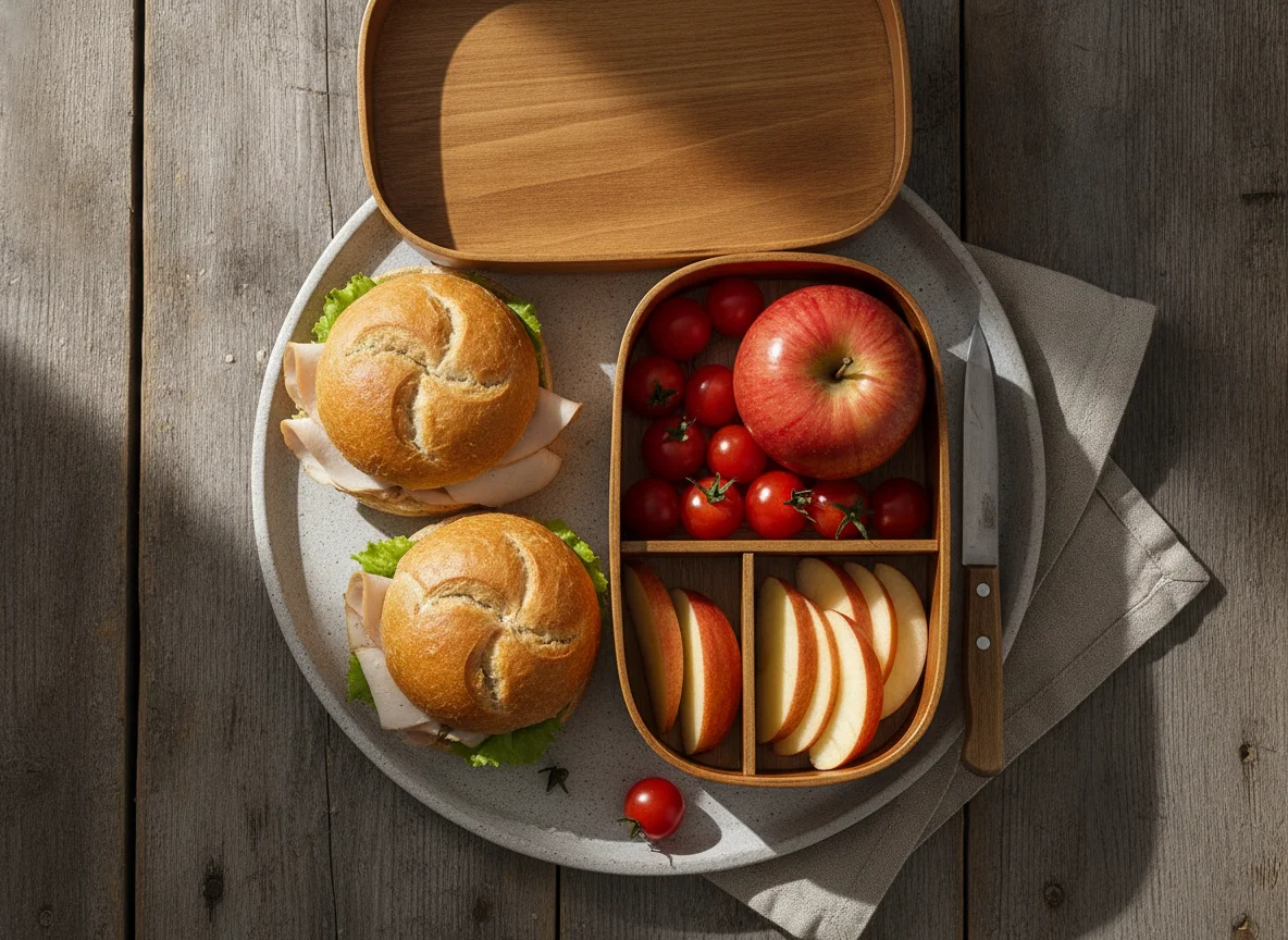 Lunchbox mit Brötchen, Äpfeln und Tomaten photo